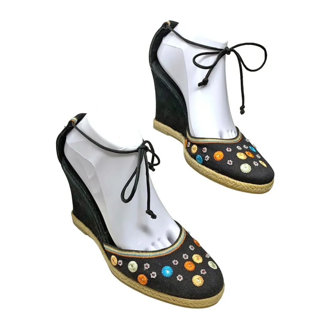 VIA SPIGA Grace Canvas Suede‎ Ankle Tie Espadrille Wedges **NWOB